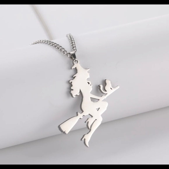 Jewelry - Vintage Witch Broom Cat Stainless Steel Necklace